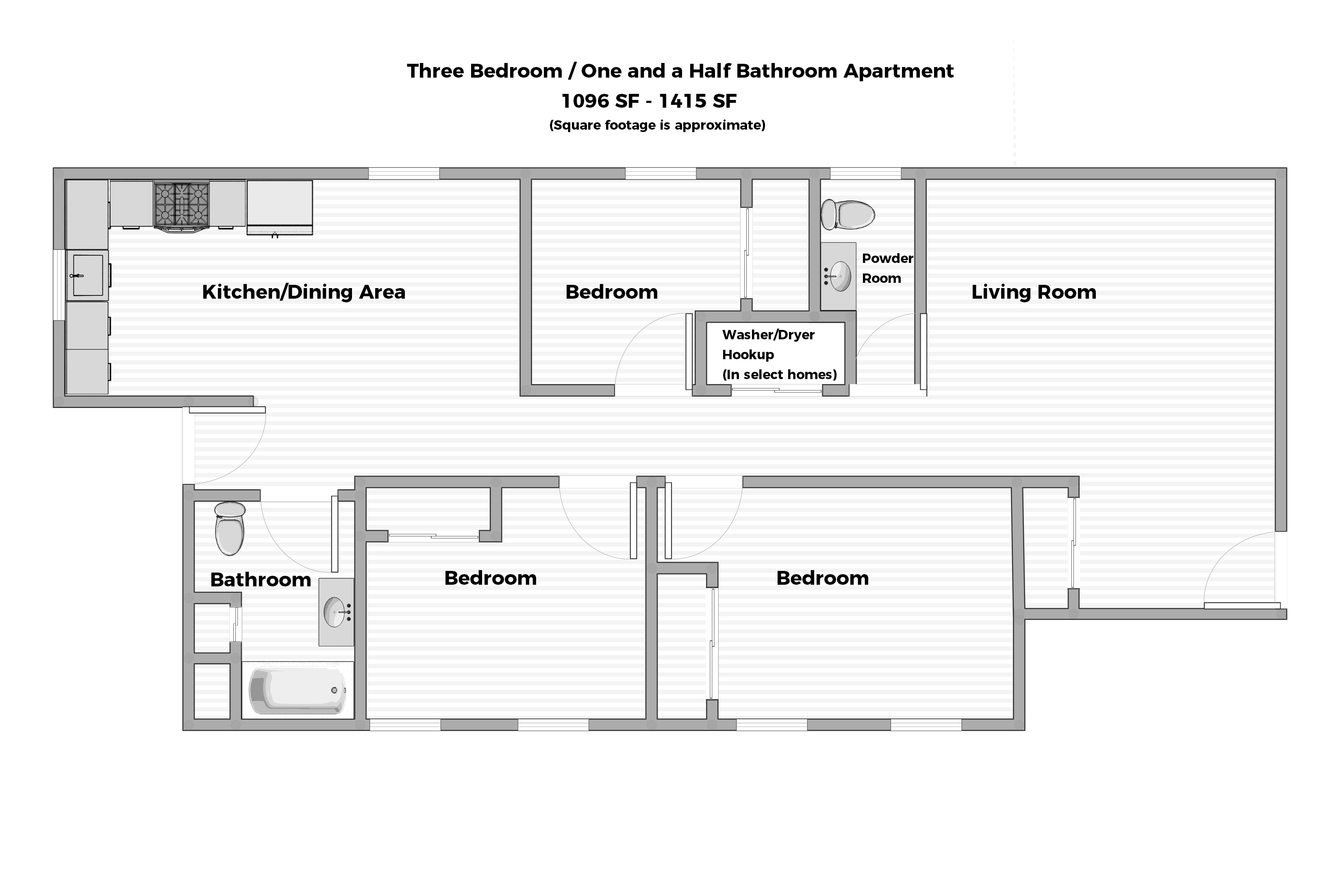 Floor plan for 3 beds, 1.5 baths, 1415 sqft